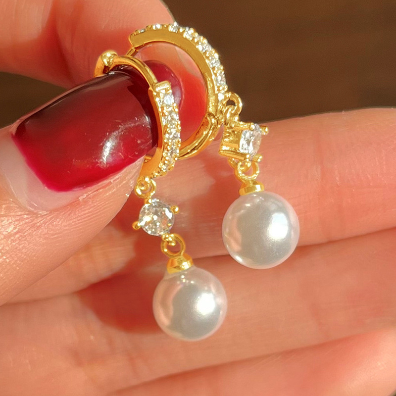Exquisite Shiny Pearl Drop Hoop Earrings, Elegant Design